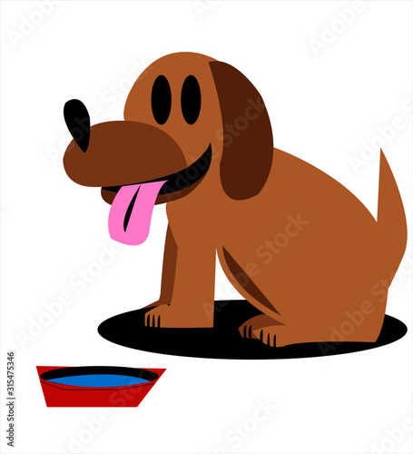 Perro café sentado tomando agua, siendo feliz. Mascota.