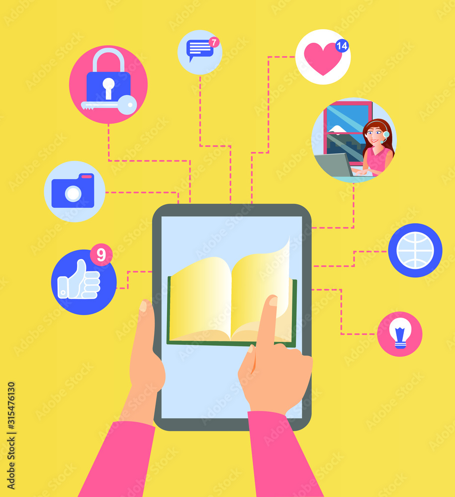 Nice illustration of some hands holding a tablet from which many telecommunications icons come out while they pass the pages of an interactive book Nice illustration of some hands holding a tablet from which many telecommunications icons come out while they pass the pages of an interactive book