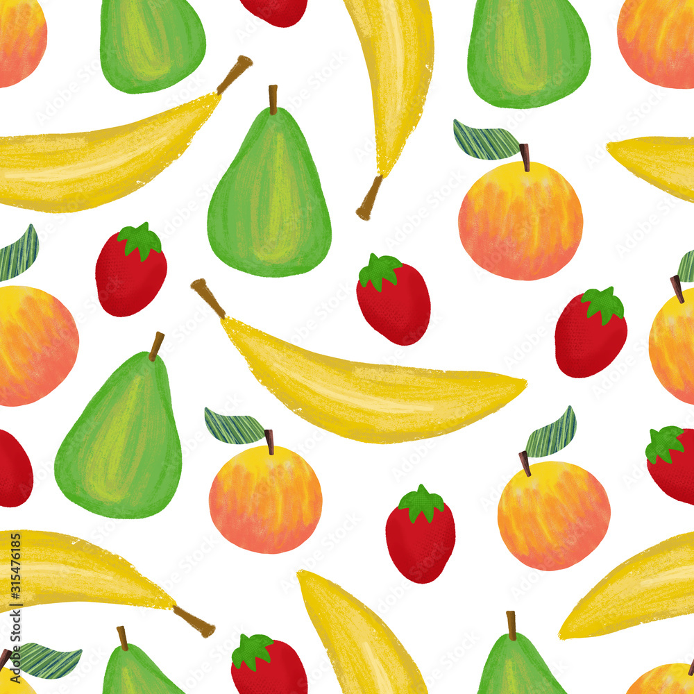 Banana strawberry apple pear peach seamless pattern design. Fruit mix repeating background. Hand painted. Banana strawberry apple pear peach seamless pattern design. Fruit mix repeating background. Hand painted.