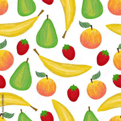 Banana strawberry apple pear peach seamless pattern design. Fruit mix repeating background. Hand painted. 
