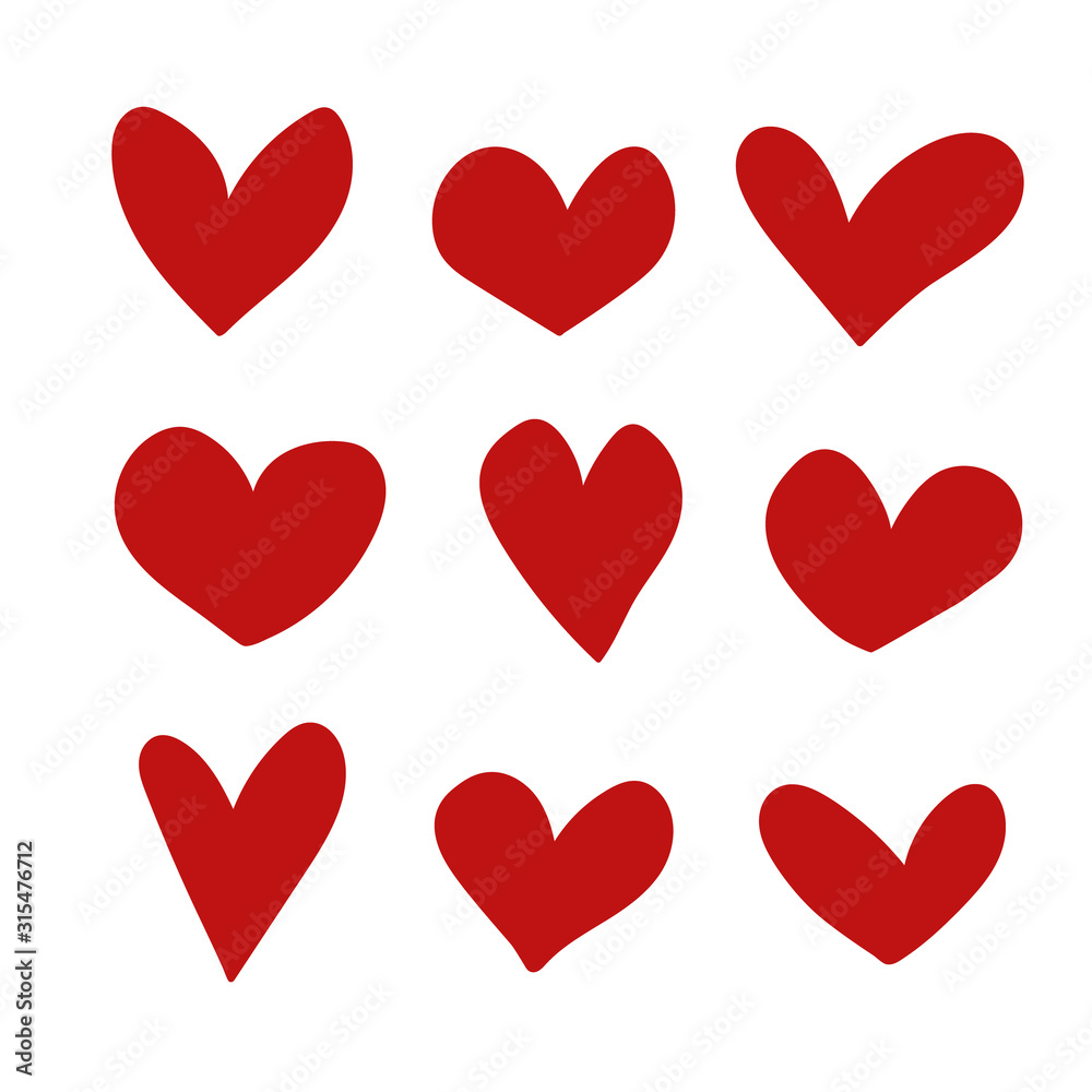 Vector set of hearts isolated on white background. Symbol of love. Simple illustration for Valentine' Day or web design. Hand drawn, cartoon style