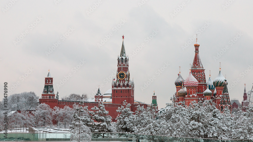 St. Basil's Cathedral in the center of Moscow. Red square Moscow.  Temple in the snow.