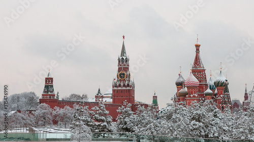 St. Basil's Cathedral in the center of Moscow. Red square Moscow. Temple in the snow.