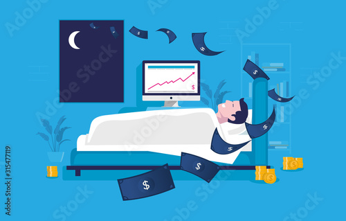 Earn money while sleeping. Man in bedroom sleeping in bed, money flying in window, computer screen shows graph with growing income. Passive income concept. Vector illustration.