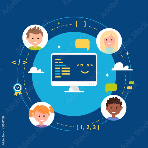 Young Children Learning Coding. School Class or Club. Vector Illustration