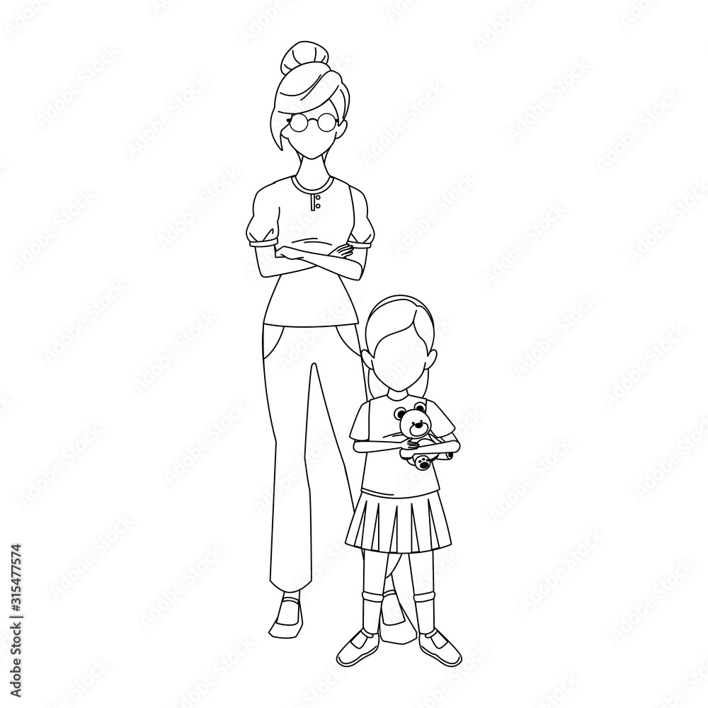 cool woman with little girl icon, flat design