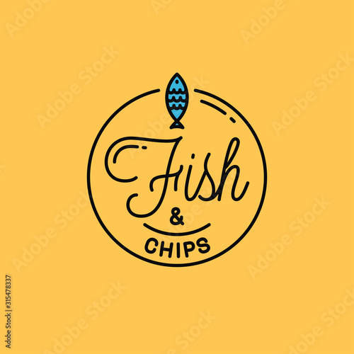 Fish and chips logo. Round linear logo of fish