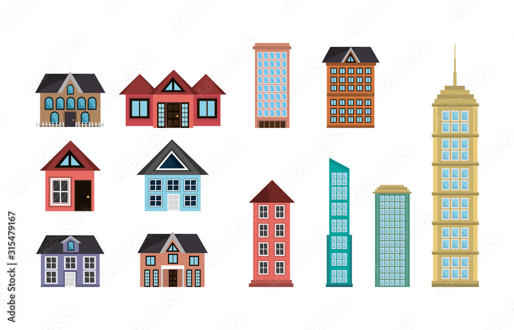 Fototapeta premium bundle of buildings and houses vector illustration design