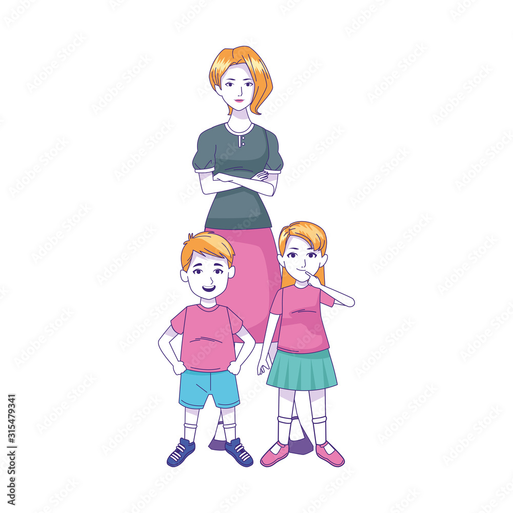 woman with little boy and girl standing, colorful design woman with little boy and girl standing, colorful design