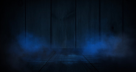 Wood texture in blue classic color. Dark wood, wooden dark background. Dark room with wooden walls.