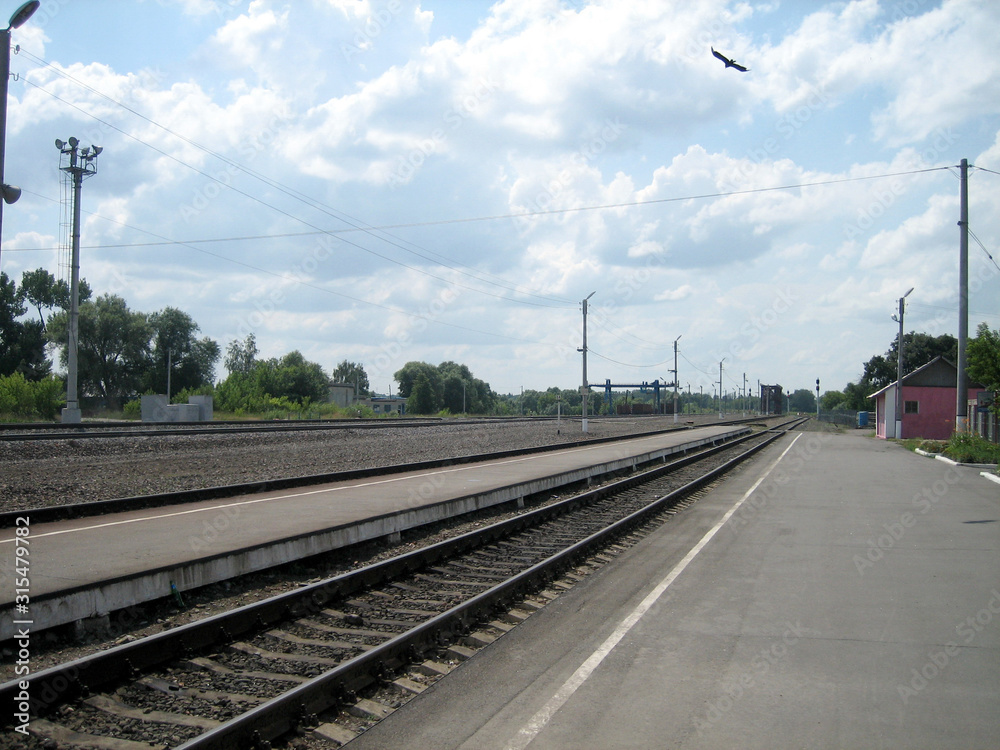 Direct railway track through a small station outside the city on a summer day. Steel rails are laid along a low platform. A bird of prey hovers in the sky under the clouds.