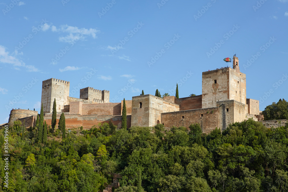 Panoramic view of the Alhambra with Sierra Nevada in the background, Granada, Andalusia, Spain