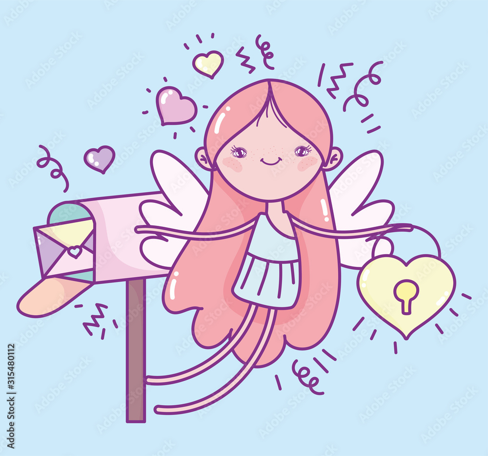 happy valentines day, cute cupid with padlock and mail box message hearts romantic happy valentines day, cute cupid with padlock and mail box message hearts romantic