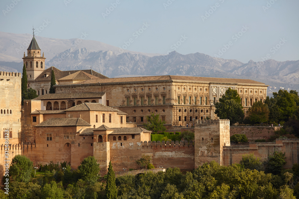 Panoramic view of the Alhambra with Sierra Nevada in the background, Granada, Andalusia, Spain