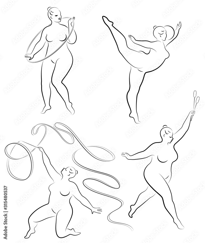 Collection. Gymnastics Silhouette of a girl with a hoop, ribbon, ball, clubs. The woman is overweight, a large body. The girl is a full figure. Set of vector illustrations