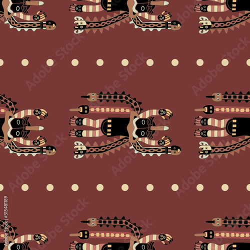Seamless ethnic pattern with ancient Peruvian motifs from Paracas textiles. Fantastic flying creatures.