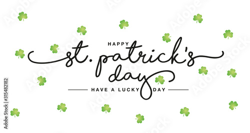 Naklejka Happy St Patrick's Day handwritten lettering tipography Irish green clovers white greeting card