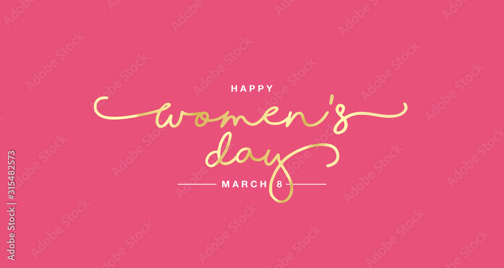 Happy Women's Day handwritten typography lettering gold white pink background banner