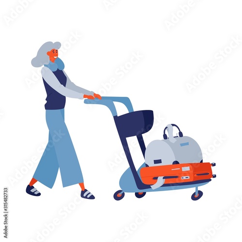 Smiling woman with trolley and baggage on it. Drawn in simple hand drawn style illustration, isolated on white background. Flat character in casual clothes with travel pillow on neck