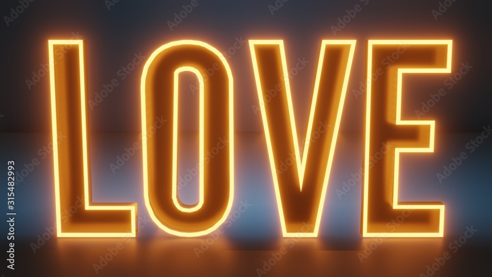 Amber colored neon sign with the text love on a blue background Amber colored neon sign with the text love on a blue background