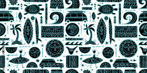 Surfing seamless pattern. Tribal elements for your design