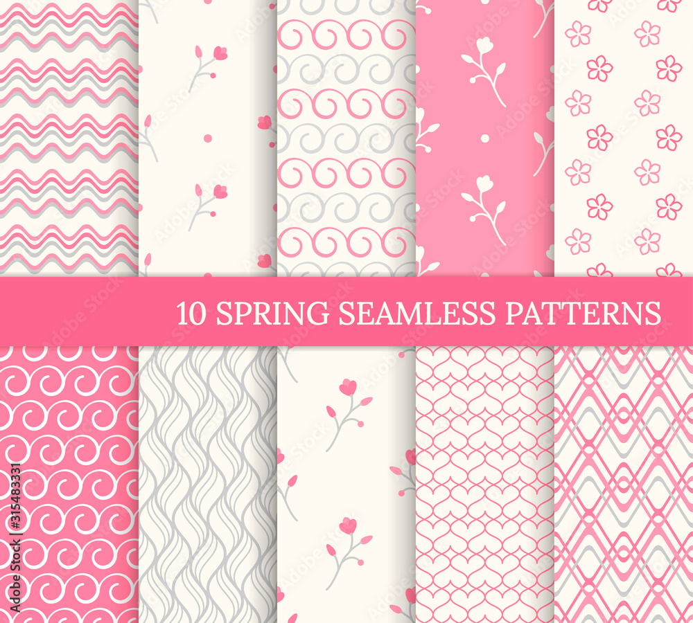 Ten spring seamless patterns. Romantic pink backgrounds for Valentine's or Mother's day. Endless texture for wallpaper, web page, wrapping paper. Retro love style. Wave, flower, swirl, branch