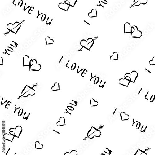 Seamless romantic pattern of the inscriptions I love you and hearts on a transparent background.