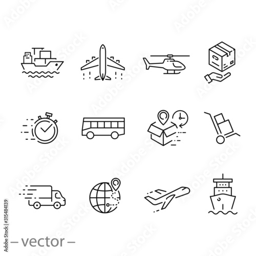 transport logistics icon set, delivery cargo, courier service, thin line web symbols on white background - editable stroke vector illustration eps10