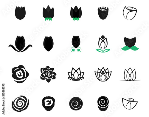 Rose Flower Icon Set - Isolated On White Background - Vector. Collection Of Flat Rose Flower Logo. Simple Flower Icons For Tulip Template, Spa Label, Floral Logo, Wellness And Blooming Rose Icon