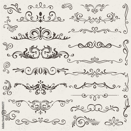 Vector set of calligraphic design elements and page decorations. Elegant collection of hand drawn swirls and curls for your design. Isolated on beige background
