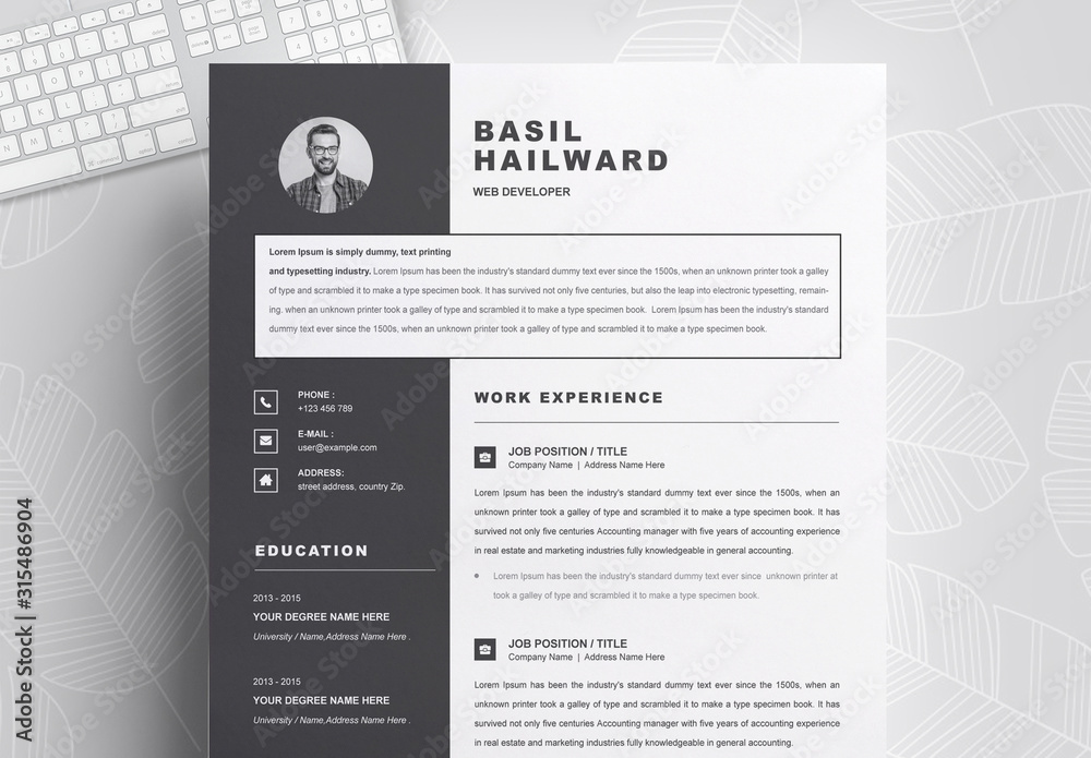 Resume Layout with Dark Gray Sidebar Stock Template Adobe Stock