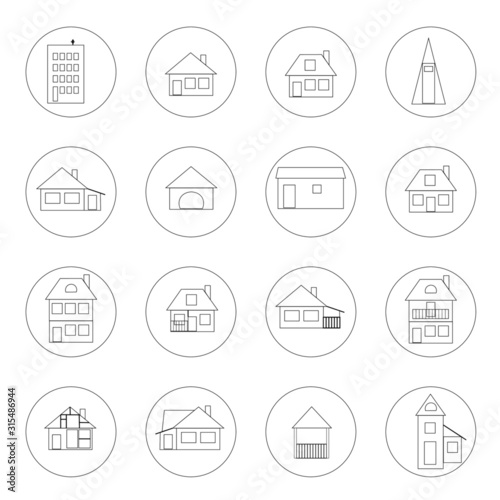 Set of black and white icons with houses for social media and blog design. 