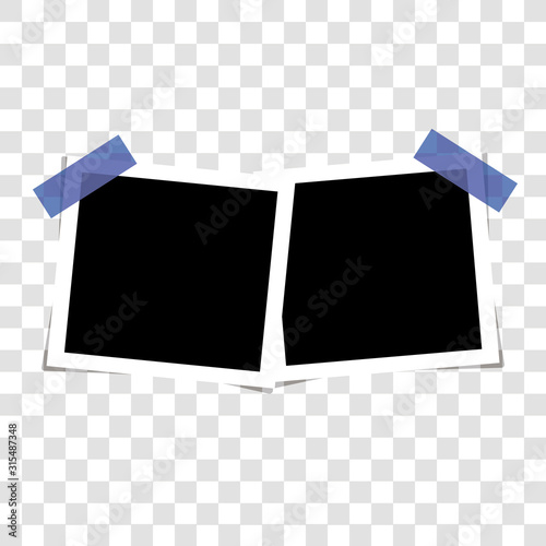 Two blank photo frames hanging on a clip. Black empty place for text or photo. Photo icon design template on transparent background.