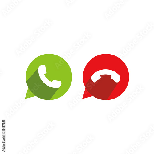 Telephone icons for call in red and green bubbles circles with shadow for web