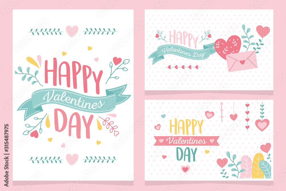 happy valentines day, collection greeting cards hearts love floral flowers decoration