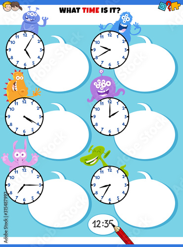 telling time educational task with fantasy characters