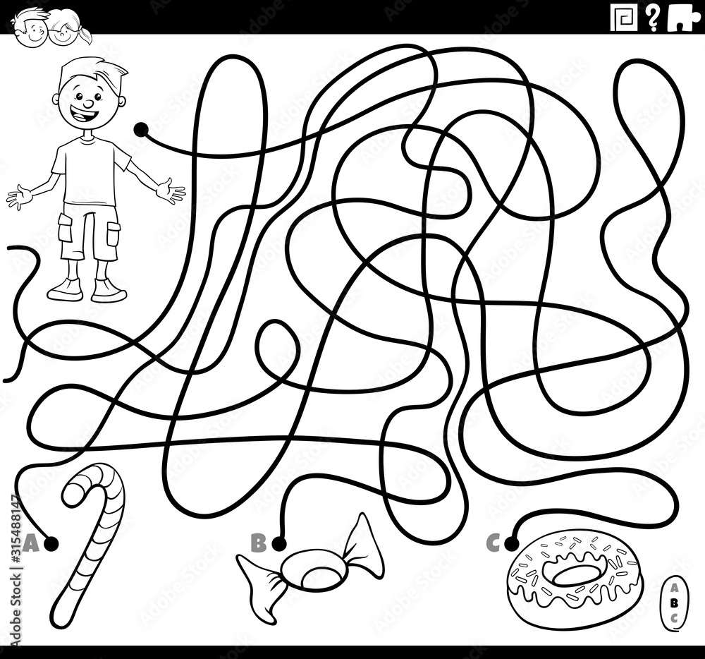 maze with boy and sweet food coloring book page