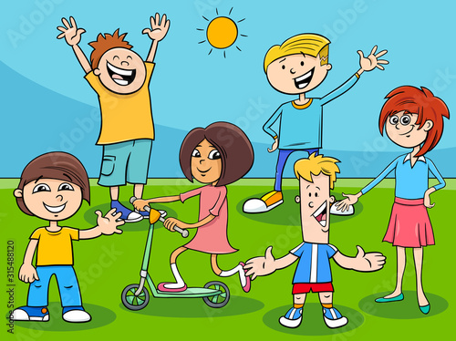 happy kids and teens cartoon characters group