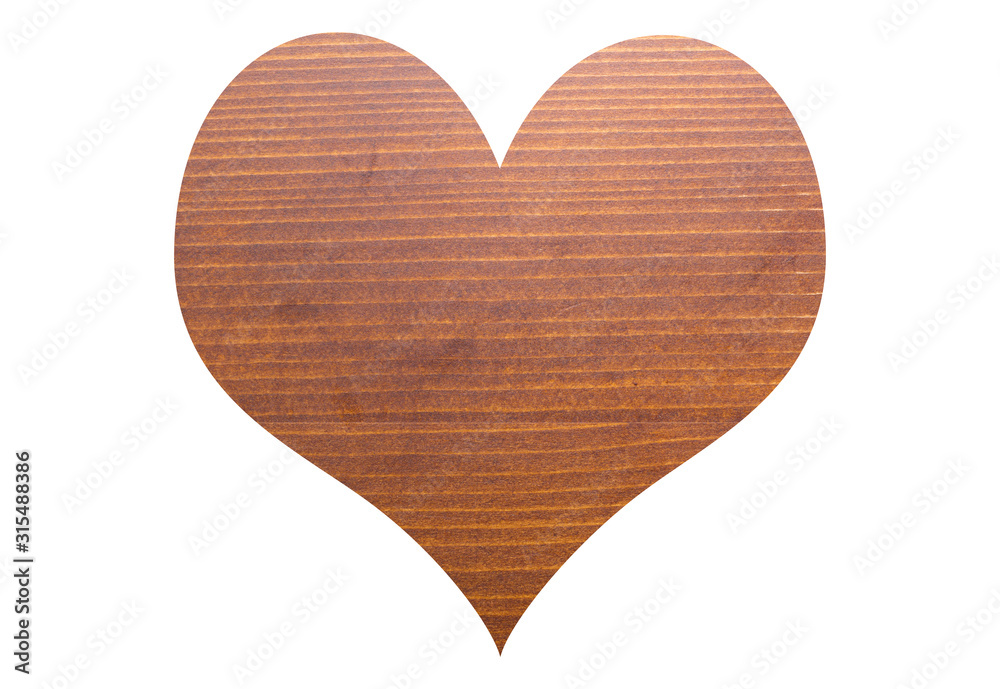wooden heart shape on white background.