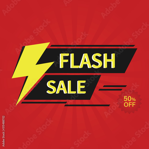 Flash Sale Sign with Bright Yellow Lightening Bolt in Red abstract starbursts background