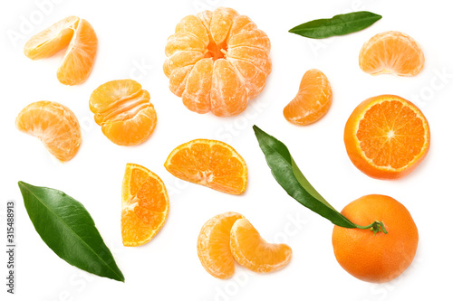 mandarin with slices and green leaf isolated on white background. top view