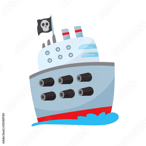 Pirate buccaneer filibuster corsair sea dog ship icon game, isolated flat design. Color cartoon frigate. Vector illustration