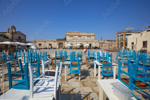 The main square of the historic village Marzamemi, Province of Syracuse, Sicily, Italy