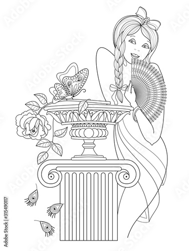 Fantasy drawing of beautiful girl with fan near the fountain. Black and white page for coloring book. Poster for fashion and beauty. Modern print, embroidery, decoration. Hand-drawn vector image.
