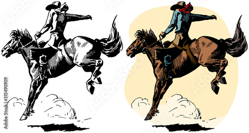 Fényképezés A cowboy rides a bucking bronco in a rodeo performance.