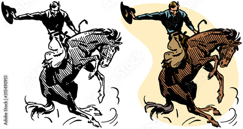 Slika na platnu A cowboy rides a bucking bronco in a rodeo performance.