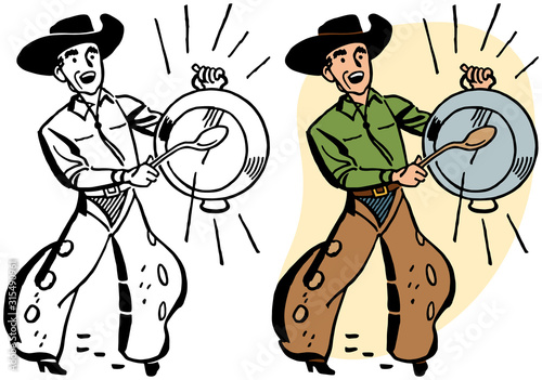 A cowboy in chaps bangs a pan with a spoon to announce dinner. 