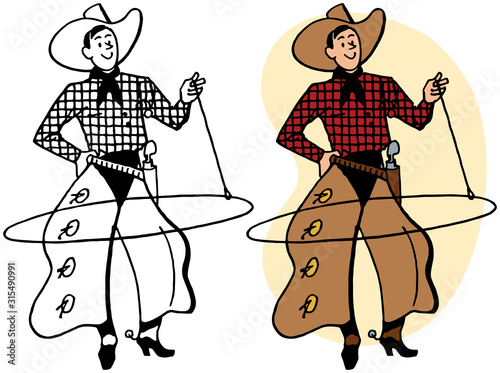 A cowboy in chaps twirls a lasso in a rodeo performance.