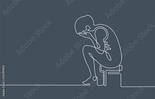 Sad and depressed woman sitting on stool. Line