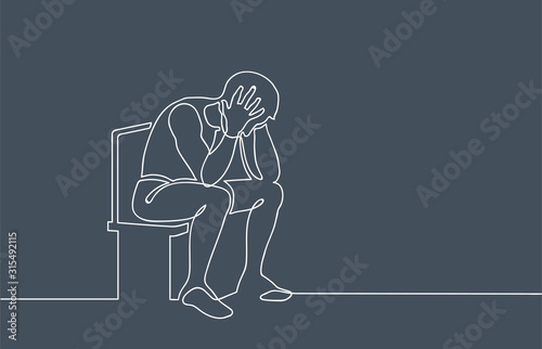 Sad man sitting on chair. Continuous line drawing